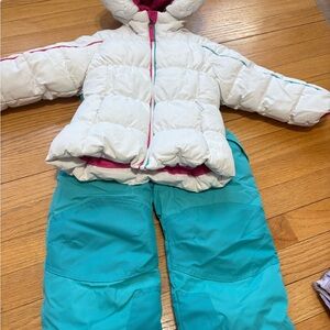 White Puffer Jacket with Teal Snow Pants Set